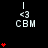 Static pixel art displays repeated <3 CBM text with red heart clusters on black background, one gray rectangle visible.