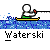 Animated contact sheet showing a waterskiing stick figure character in multiple frames with water splashes and boat variations, displayed on gray background.
