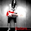 A person with long dark hair plays a red electric guitar against a gray textured background with bright light flares.