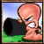 Pixelated image of a bald figure with closed eyes, wearing dark clothing against a green and blue background.