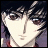 Pixelated anime-style character face with dark hair and brown eyes, next to stylized text on a black background.