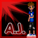 Pixelated character in blue shirt and black pants stands on white platform with red background, featuring large 'AJ.' text.