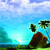 Pixelated landscape with blue sky, white clouds, green trees, and brown rocky formations on a grassy hill.