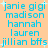 A static image displays a of names in light blue text on a peach background, with small white plus signs and star-like sparkles scattered throughout