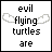 nine shows evolving text and a character image, with 'evil flying turtles are' in black except for red 'evil', then 'COOL.' and 'SMB contest' text