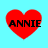 Four red heart shapes with black text "ANNIE" on a light blue background, each heart has different pixelation levels.