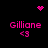 Pixelated pink text 'Gilliane' with '<3' below, surrounded by animated pink heart and starburst icons on black background.