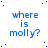 Blue text 'where is molly?' repeated in a pattern on a white background with scattered blue dots, partially cropped on the right side