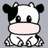 Pixelated cow icon with black-and-white patches, pink nose, and small horns on gray background, next to pink with blue text