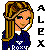 Pixel art buddy icon of a blonde woman with green eyes wearing a blue jacket over a white shirt, next to vertical text spelling "ALEX" on the right side.