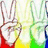 A hand making a peace sign with two fingers against a rainbow gradient background, displaying text "peace love" in pixelated yellow letters.