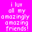 A static image with a bright pink background displays white pixelated text reading "i luv all my amazingly amazing friends!" overlaid by red rectangular blocks in various positions.