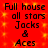 Red background with yellow squares and black text reading "Full house all stars Jacks & Aces" in two identical vertical