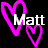 Static pixel art icon featuring two overlapping pink hearts and the name "Matt" in white text on a black background.