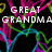 Pixelated text reads 'GREAT GRANDMA' and 'I LOVE YOU!' over a black background with colorful, abstract, flowing lines in pink, green, blue, and purple.