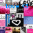 Pixelated collage of colorful sections with blue 'Love' text, a white heart outline on black background, and pink, purple, gray, and brown blocks.