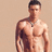 Pixelated image of a shirtless male figure with short dark hair, standing against a solid light brown background.