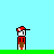 Pixel art animation of a character in red clothing reacting to a crack sound, then identifying a bird, and finally falling backward onto grass.