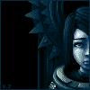 Pixel art of a character with long dark hair and blue-toned skin, wearing a high-collared garment against a black background.
