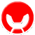 Red circular icon with white border containing stylized gray and red shapes resembling a simplified face or mask.