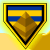Animated pixel art of a shield-shaped icon with blue and yellow stripes, a brown pyramid, and a glowing yellow border, showing sequential motion of a white curved line.