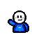 Pixelated character with white face, black outline, and blue checkered shirt waving right hand against plain background.