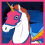 Pixelated unicorn head with pink face, white mane, blue bridle, and yellow horn in a of five showing animation frames