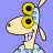 Pixelated cartoon sheep with sunflower eyes wearing light blue clothing against a solid purple background.