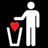 White stick figure places red heart into white trash bin on black background; bottom-left version shows smaller figure with gray platform beneath.