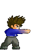 Pixel art character in blue jacket and gray pants performing martial arts moves with a glowing blue energy effect on one pose.