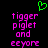 Green pixelated heart symbol above pink text reading 'tigger piglet and eeyore' on black background.