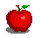 Six pixelated red apple icons with green leaves and brown stems, showing sequential bite progression from whole to partially eaten.