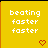 Yellow background with white pixelated text reading 'beating faster faster' and a red pixelated heart at the bottom right.