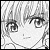 Pixelated grayscale image of a character's face with closed eyes, visible eyelashes, and a small mouth, set against a light background with faint vertical lines.