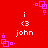 Red background with repeated white text 'i <3 john' and pink square-based pixel art elements arranged in a pattern