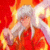 Animated character with silver hair and dog ears in red clothing, transitioning from fiery background to neutral backdrop.