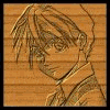 Wooden-textured digital illustration of a character with tousled hair and a collared shirt, next to text listing 'Got Wood?', 'name Quatre', 'from Gundam Wing', 'type Pine Wood'.