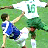 Pixelated soccer player in blue and white uniform kicking ball with green grass background, next to green text logo on dark green background.