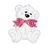 A pixelated white teddy bear with a pink bow tie sits facing forward on a white background.
