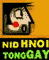 Pixelated cartoon head with red cheek dot on orange background, yellow and green text below.