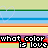 A static image with horizontal stripes and repeated text 'what color is love' in pixelated font, overlaid on a background of light blue hearts.