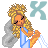 Pixel art contact sheet showing two frames of an animated buddy icon featuring a cartoon woman with blonde hair and angel wings, each frame displaying different colored X symbols above her head.