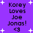Purple background with white starbursts and pixelated text reading "Korey Loves Joe Jonas! <3" in two vertical
