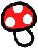 Two red mushrooms with white spots and black outlines on a gray background, one slightly larger than the other.