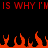 Red pixelated text repeats 'IS WHY I'M' above orange and black pixelated flames on a black background.