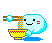 Pixelated character with light blue body and red cheeks holds yellow bowl with red dots, eating noodles with brown chopsticks against gray background.