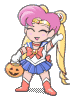 Pixelated character with pink hair in twin buns, blue skirt, red boots, and orange bow holding a pumpkin bucket, smiling with closed eyes.