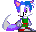 Pixelated character with blue hair, pink ears, green shirt, red pants, and purple tail in six sequential poses showing tail movement.