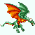 Pixelated green dragon with orange wings and underbelly in five sequential poses showing flight animation.