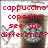 Pixelated red text reads 'cappuccino copacino see the difference?' over a blurred background with a coffee cup and a glass.
